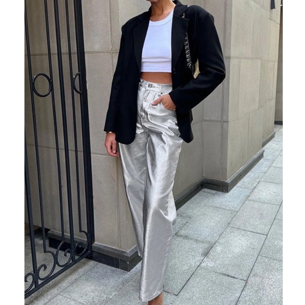 COMMENSE Metallic Faux Leather Straight Leg Pants Silver - Size M / US 6 / NWT
